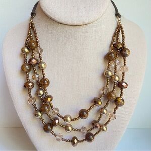 Bronze seed beads between crystal metal and acrylic beads multi strand necklace